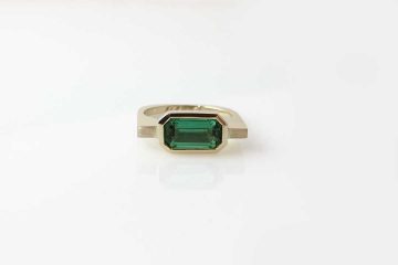 Custom Linear Emerald Bezel Wedding Ring